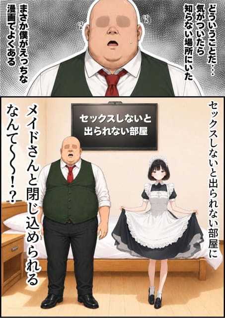 白いエプロンと黒いスカートを着た葵がベッドの前に立ち、隣の男性は汗を浮かべて戸惑った表情を見せる