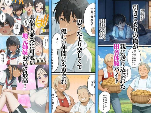 田中がスマートフォンを見て驚く一方、地元の姉妹と農作業の仲間たちは笑顔で彼を迎えている