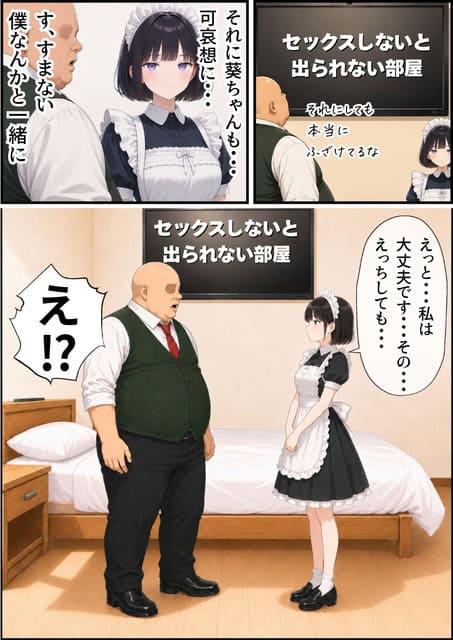 メイド服の葵がベッドのそばで両手を腹の前に重ね、緑のベストを着た男性と近い距離で向かい合う